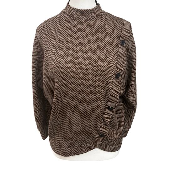 Adrienne Vittadini Chevron Knit Sweater Large Brown Black Asymmetrical Button - Picture 2 of 8